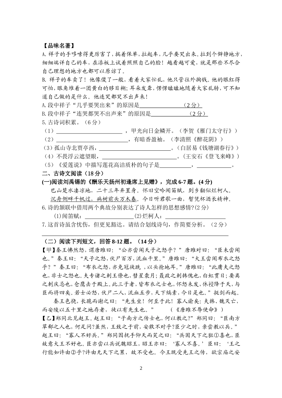 初三语文模拟试卷_第2页