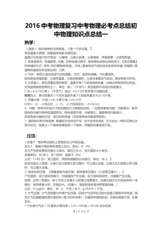 2016中考物理知识点总结-人教版初中物理必考知识点总结