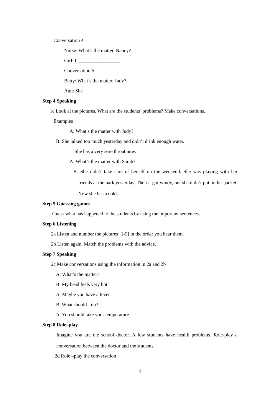 2014春人教版初中英语8年级下册Unit1What'sthematter？单元教案_第3页