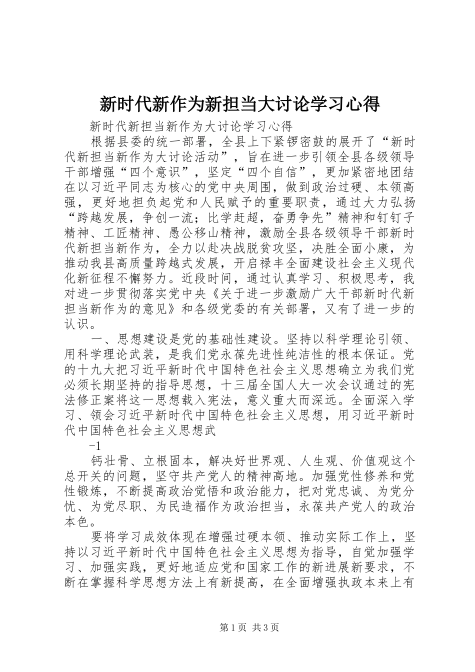 新时代新作为新担当大讨论学习心得_第1页