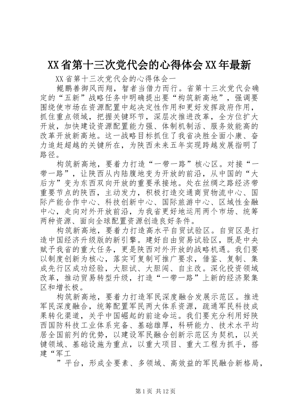 XX省第十三次党代会的心得体会XX年最新_第1页