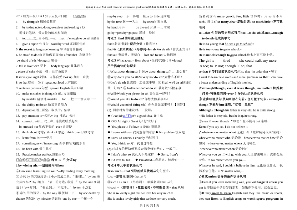 2017届九年级Unit1Howcanwebecomegoodlearners知识点总结_第1页