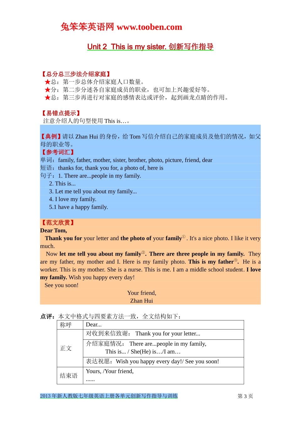 2013年新人教版新目标英语七年级上册各单元创新写作指导与训练（附范文）_第3页