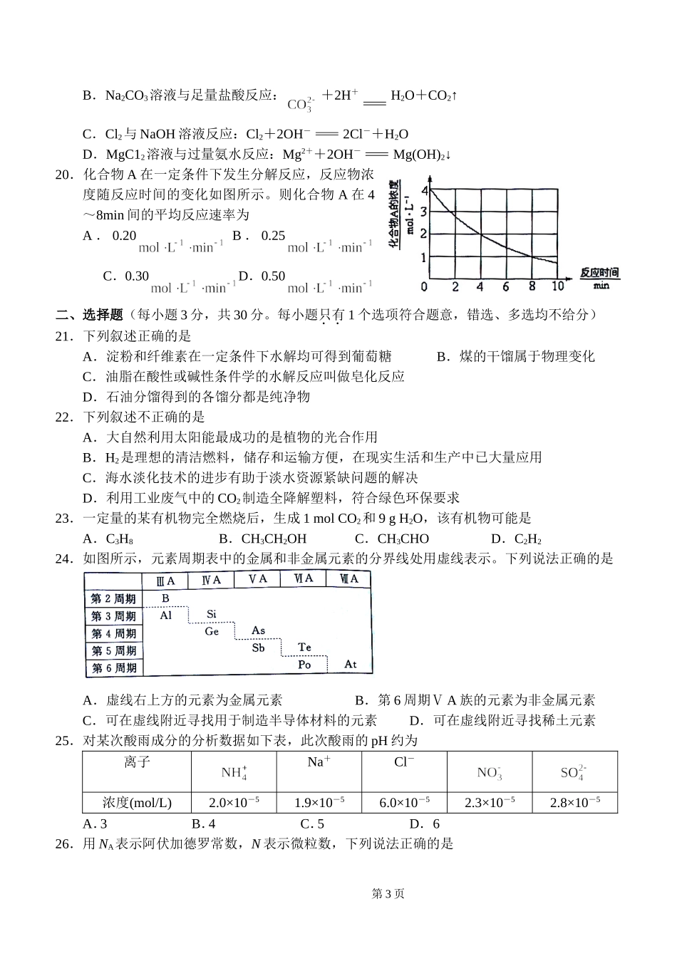 2014年7月浙江学考化学试卷真题及答案_第3页