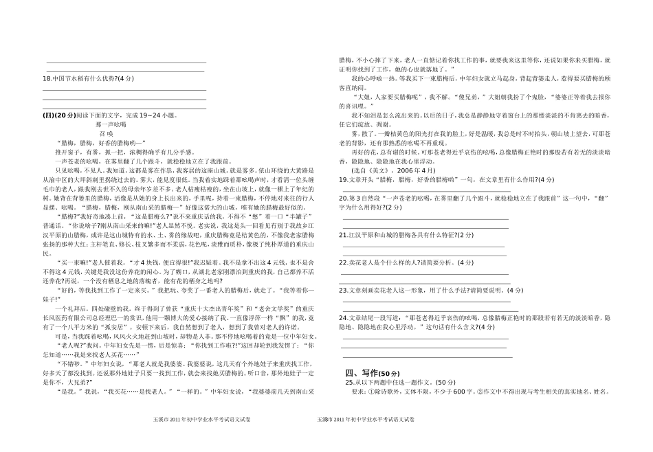 2011年云南省玉溪市中考语文试题_第3页
