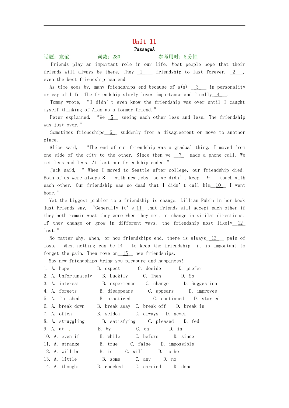 【精品解析】2016届中考英语完形填空与阅读理解复习练习+Unit+11_第1页