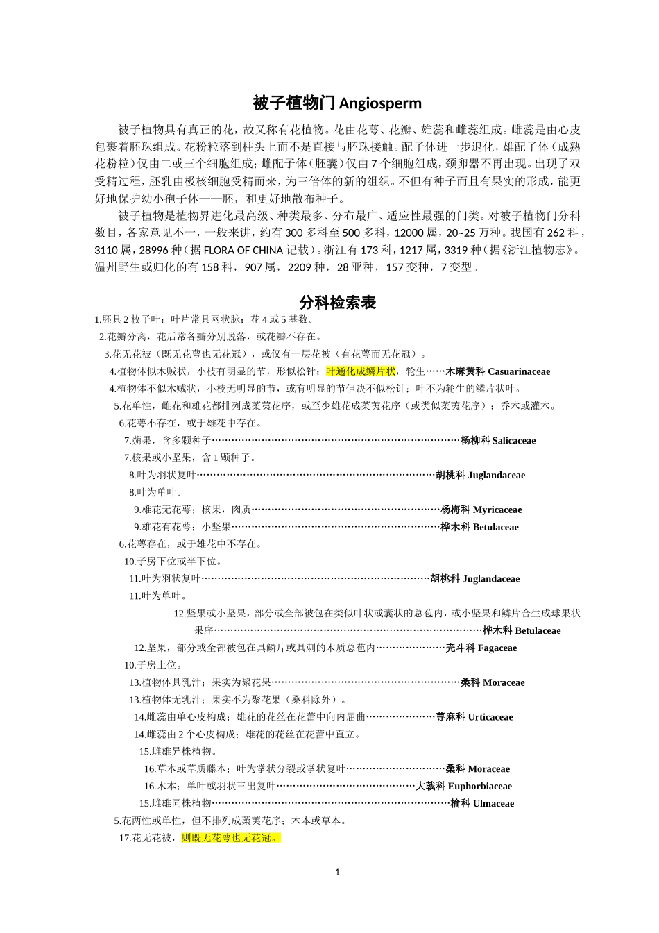 被子植物门分科检索表【浙江】_第1页