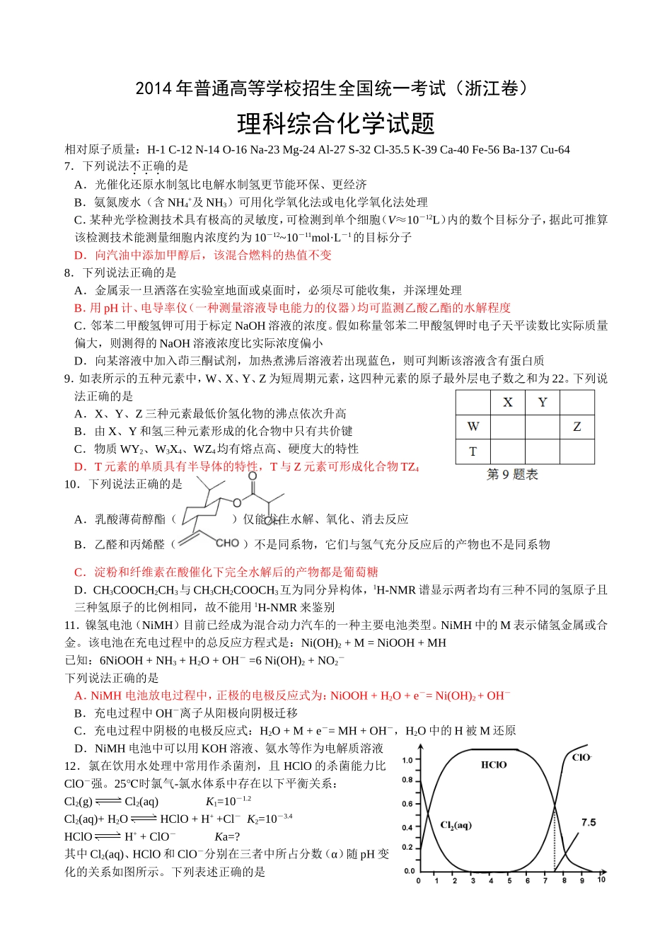 2014年浙江高考理综化学试题-浙江省化学教研群协作_第1页