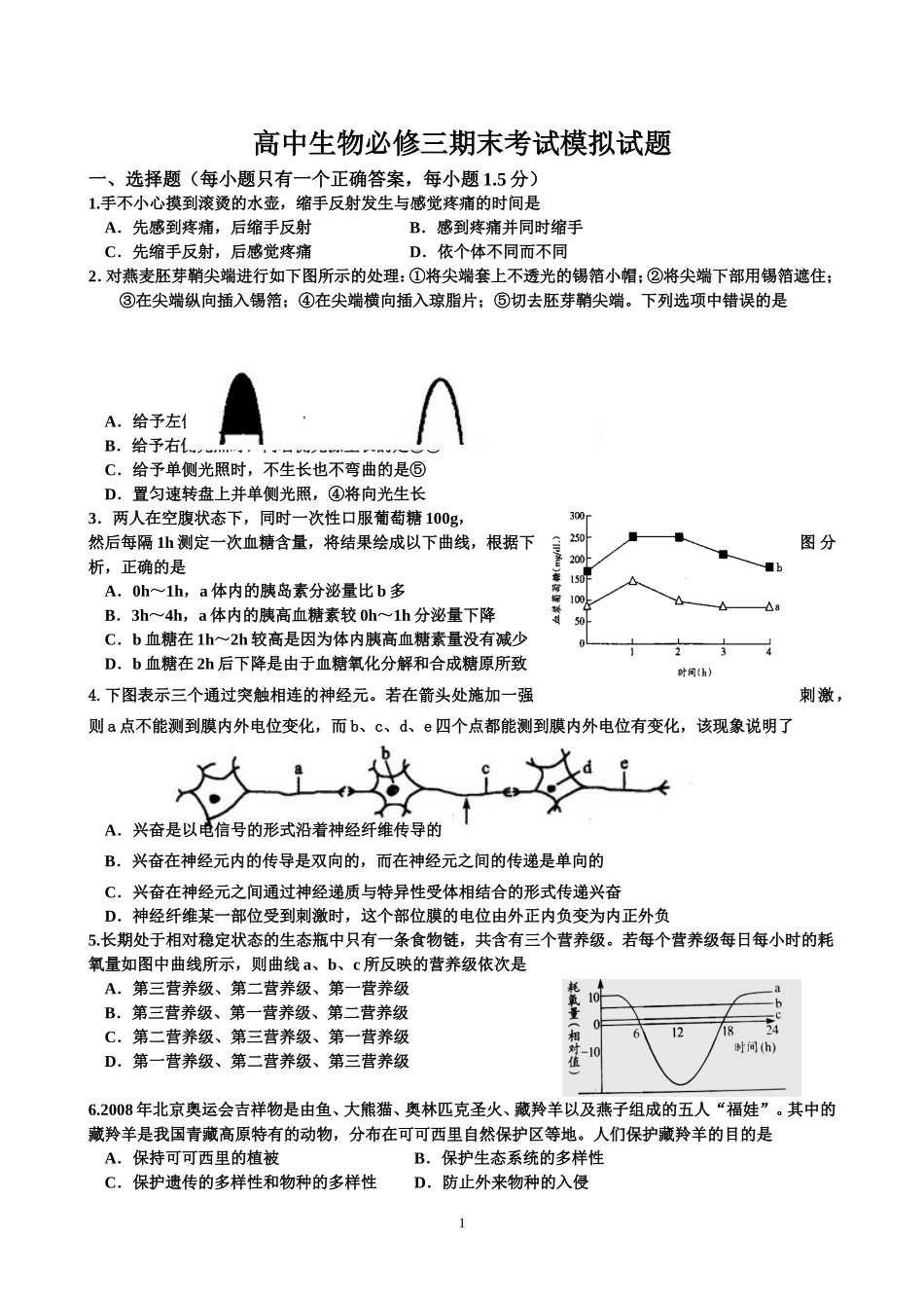 高中生物必修三期末考试模拟试题大题去个_第1页