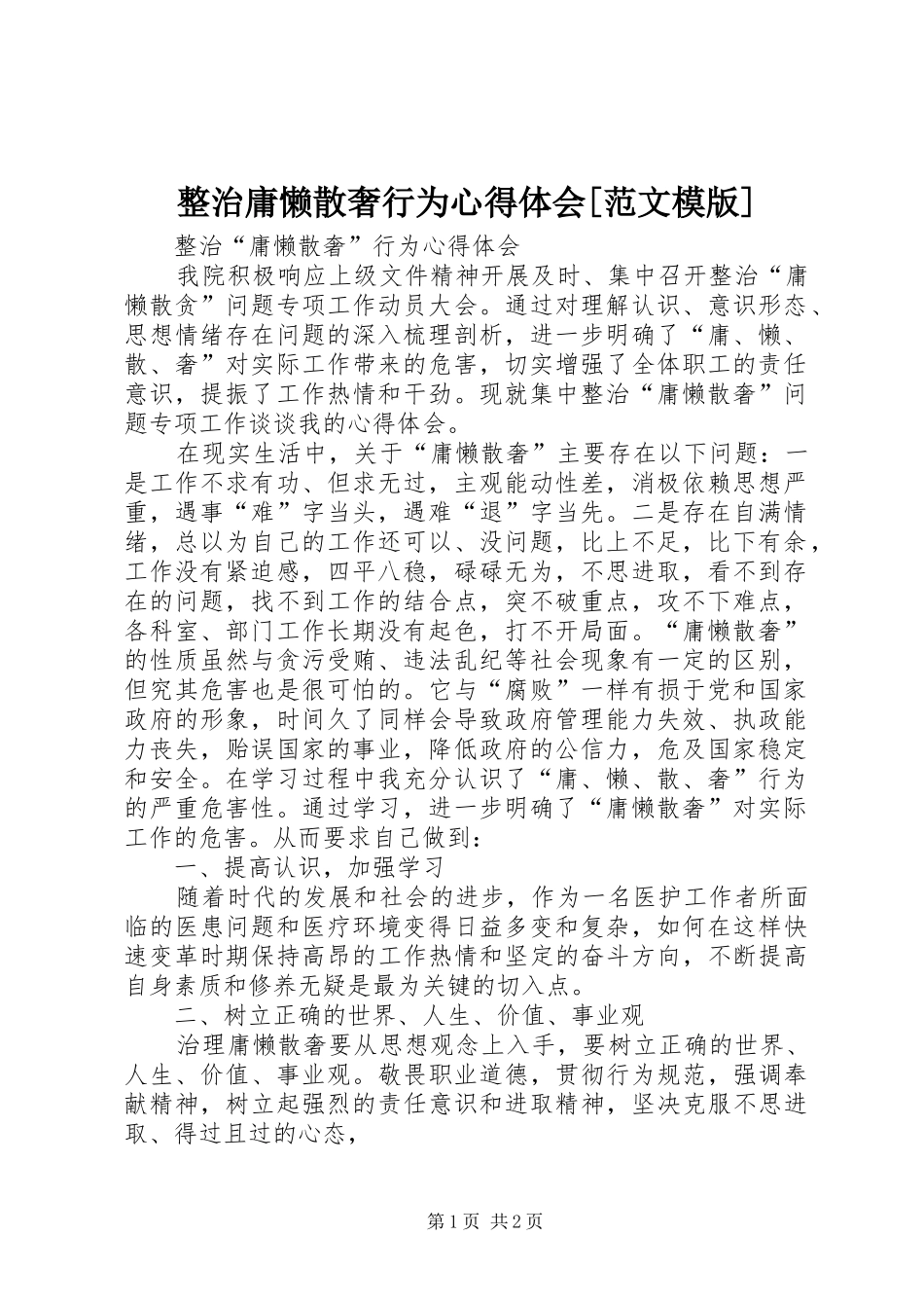 整治庸懒散奢行为心得体会[范文模版]_第1页