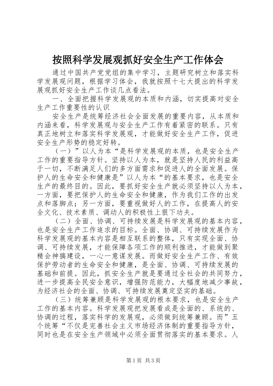 按照科学发展观抓好安全生产工作体会_第1页