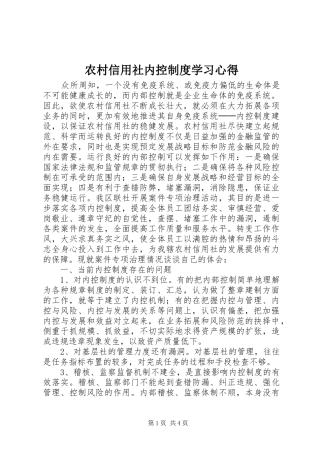 农村信用社内控制度学习心得