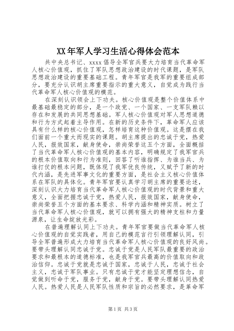 XX年军人学习生活心得体会范本_第1页