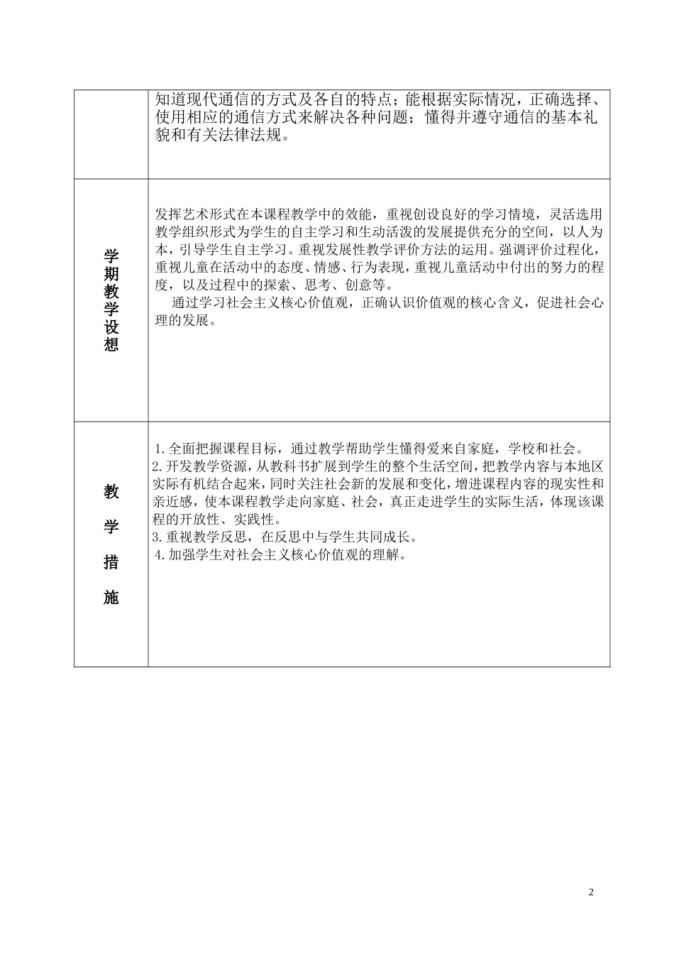 教学计划表（四年级品德与社会）_第2页