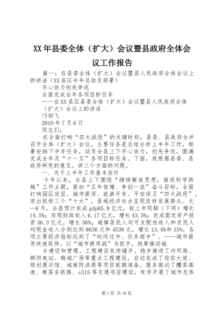 XX年县委全体（扩大）会议暨县政府全体会议工作报告