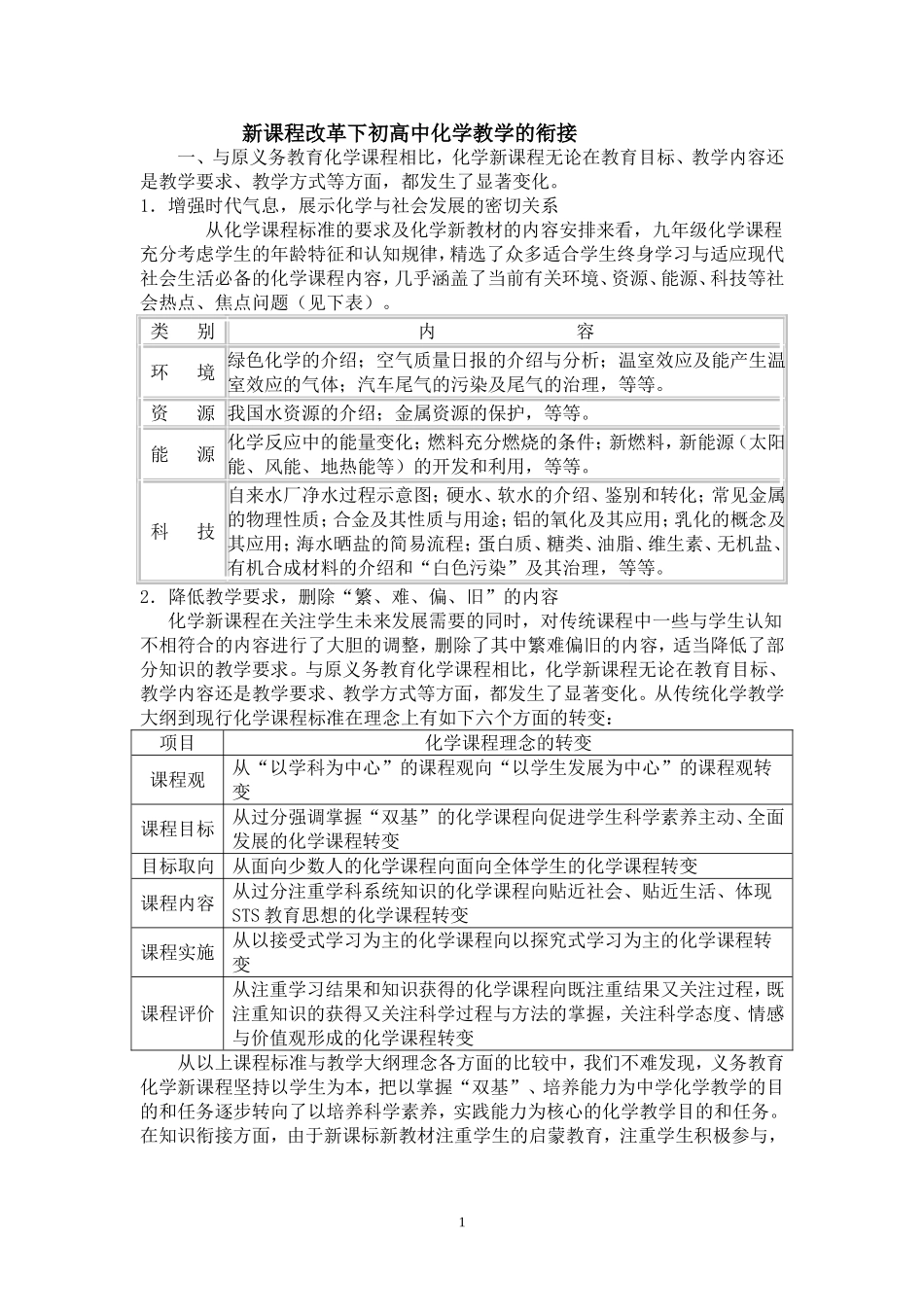 新课程改革下初高中化学教学的衔接_第1页