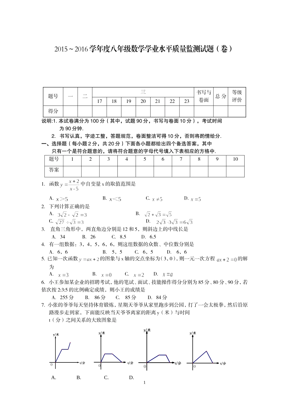 2016八年级下数学试题_第1页