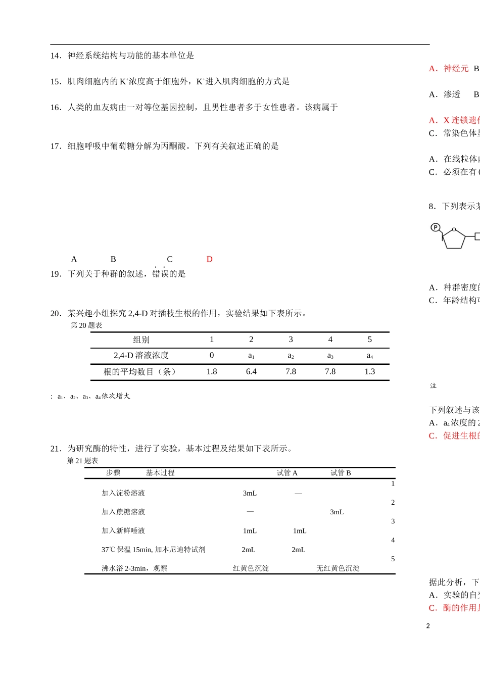 2016年4月浙江省普通高校招生选考科目考试生物试题（已经校对，可以直接拿去用）_第2页