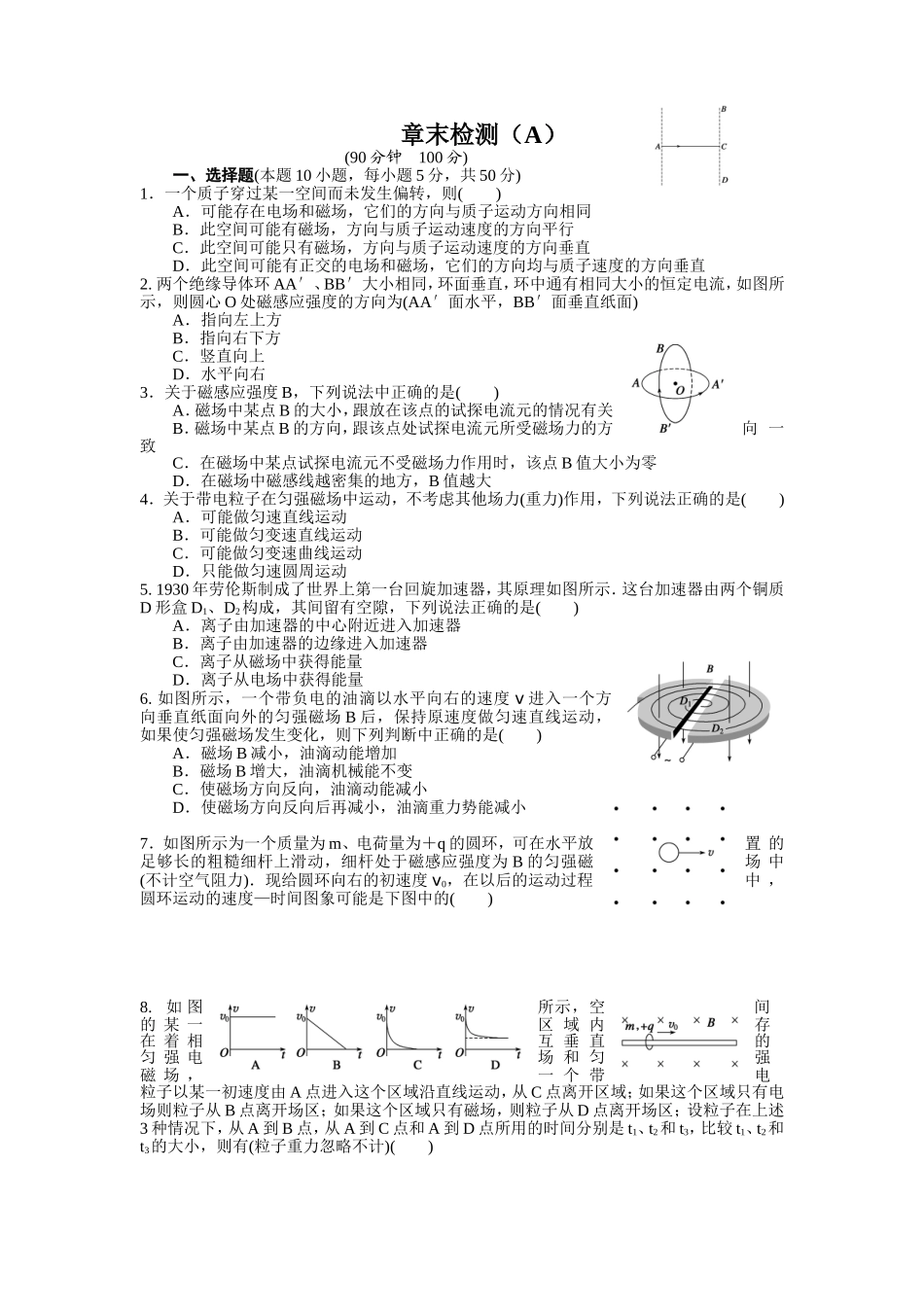 第三章磁场章末检测（A）_第1页