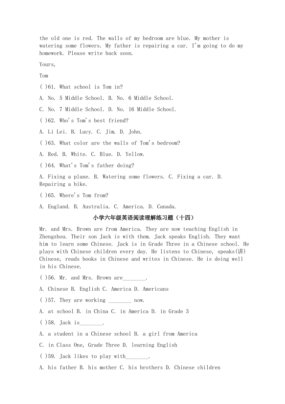 小学六年级英语阅读理解练习题_第3页