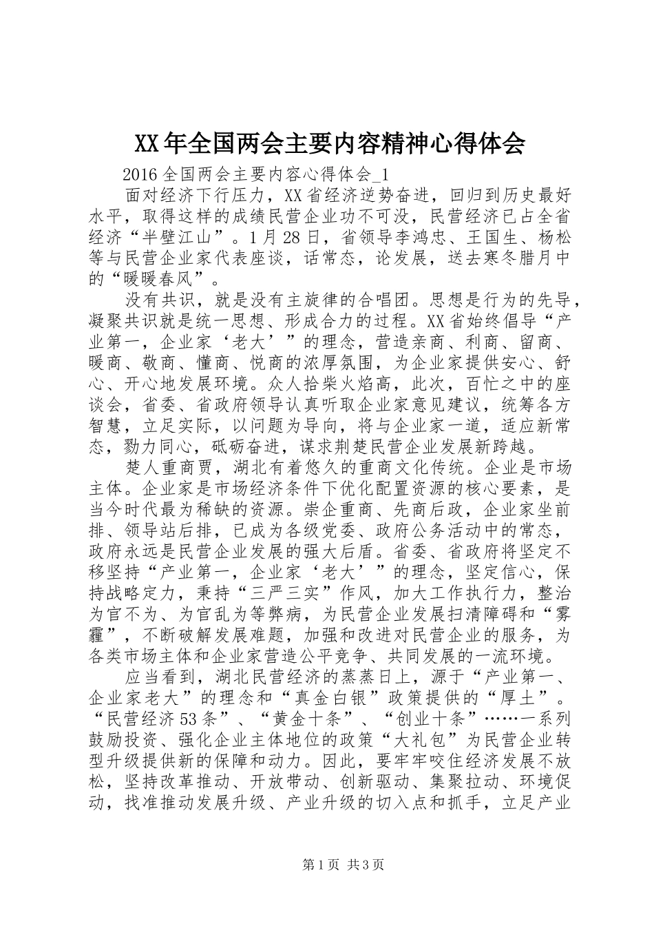 XX年全国两会主要内容精神心得体会_第1页