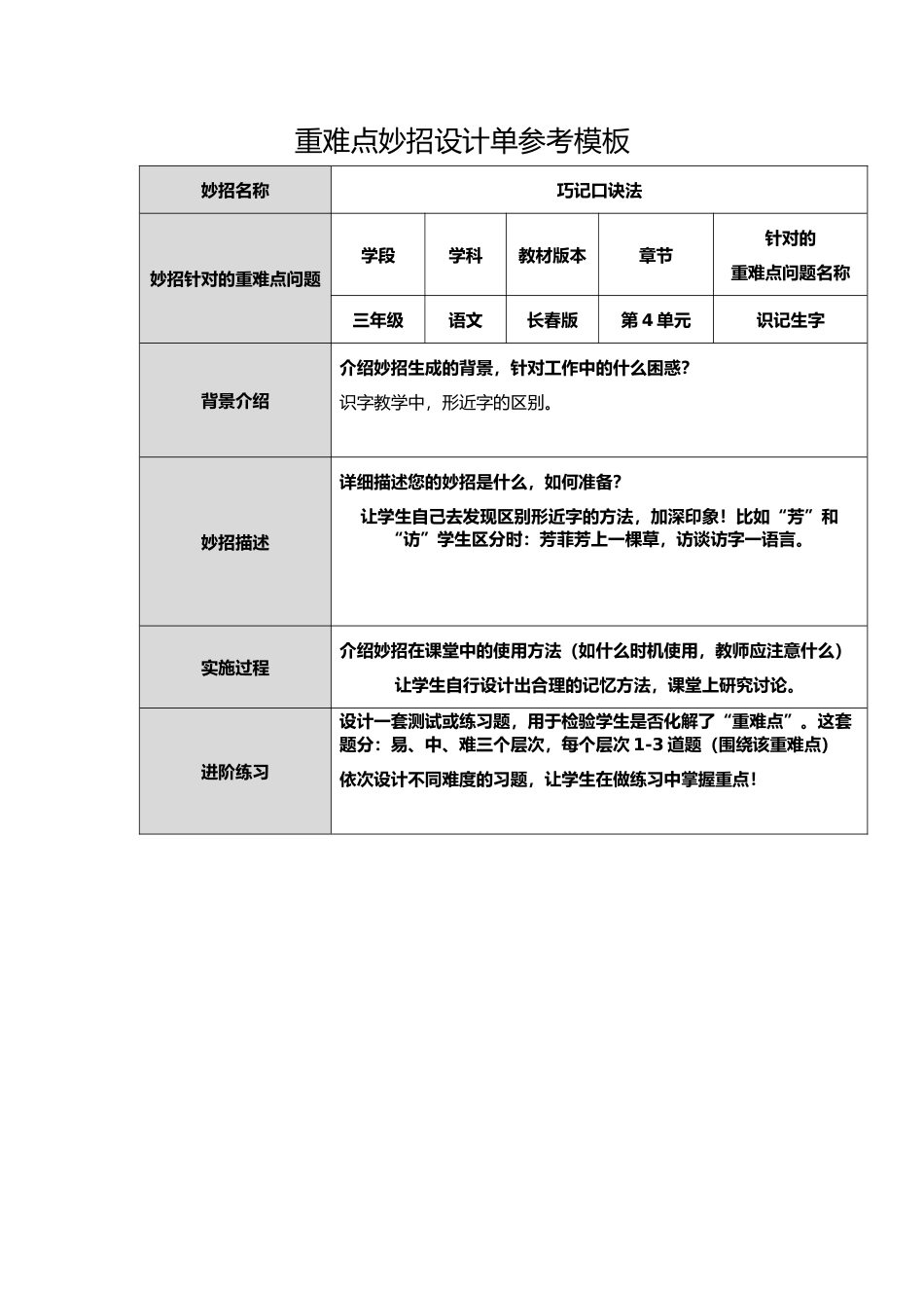 重难点妙招设计单模板肖琳_第1页