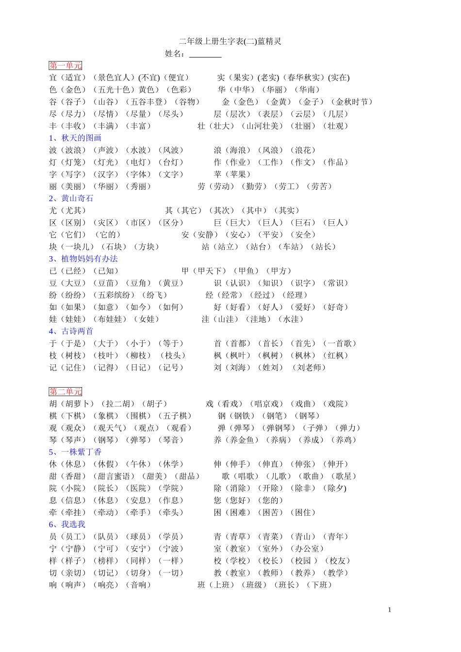 人教版语文二年级上册生字表二生字组词_蓝整理(1)_第1页