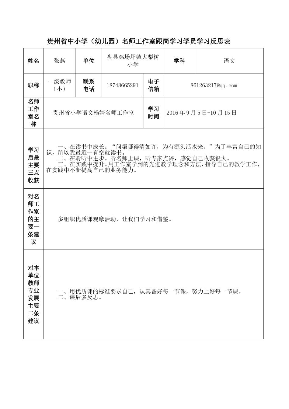 张燕跟岗学习学员学习反思表_第1页