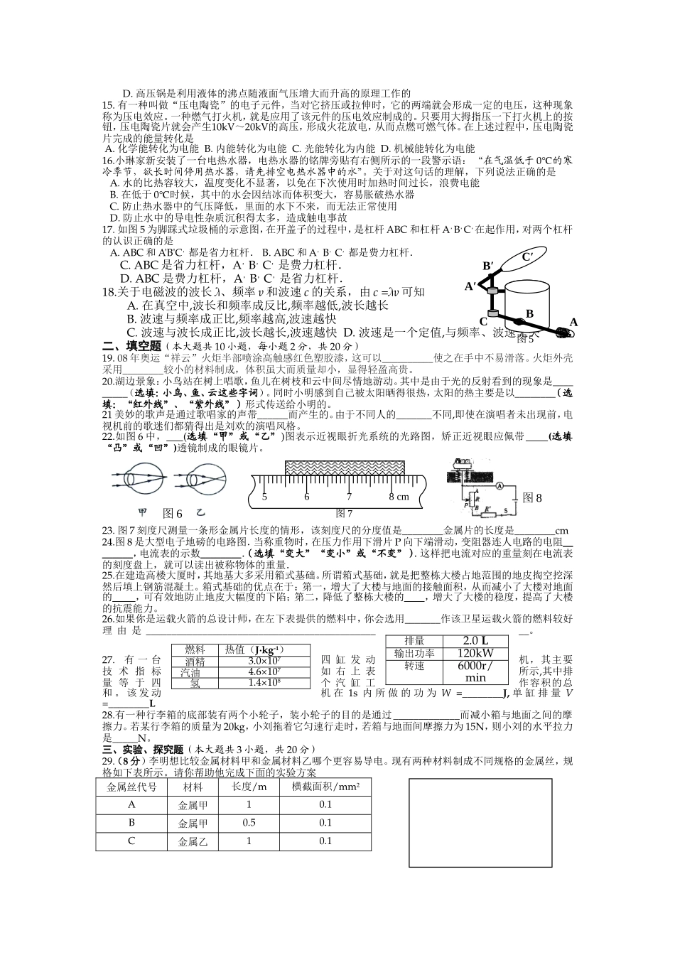 石柱中心学校2014年九年级物理竞赛试题_第2页