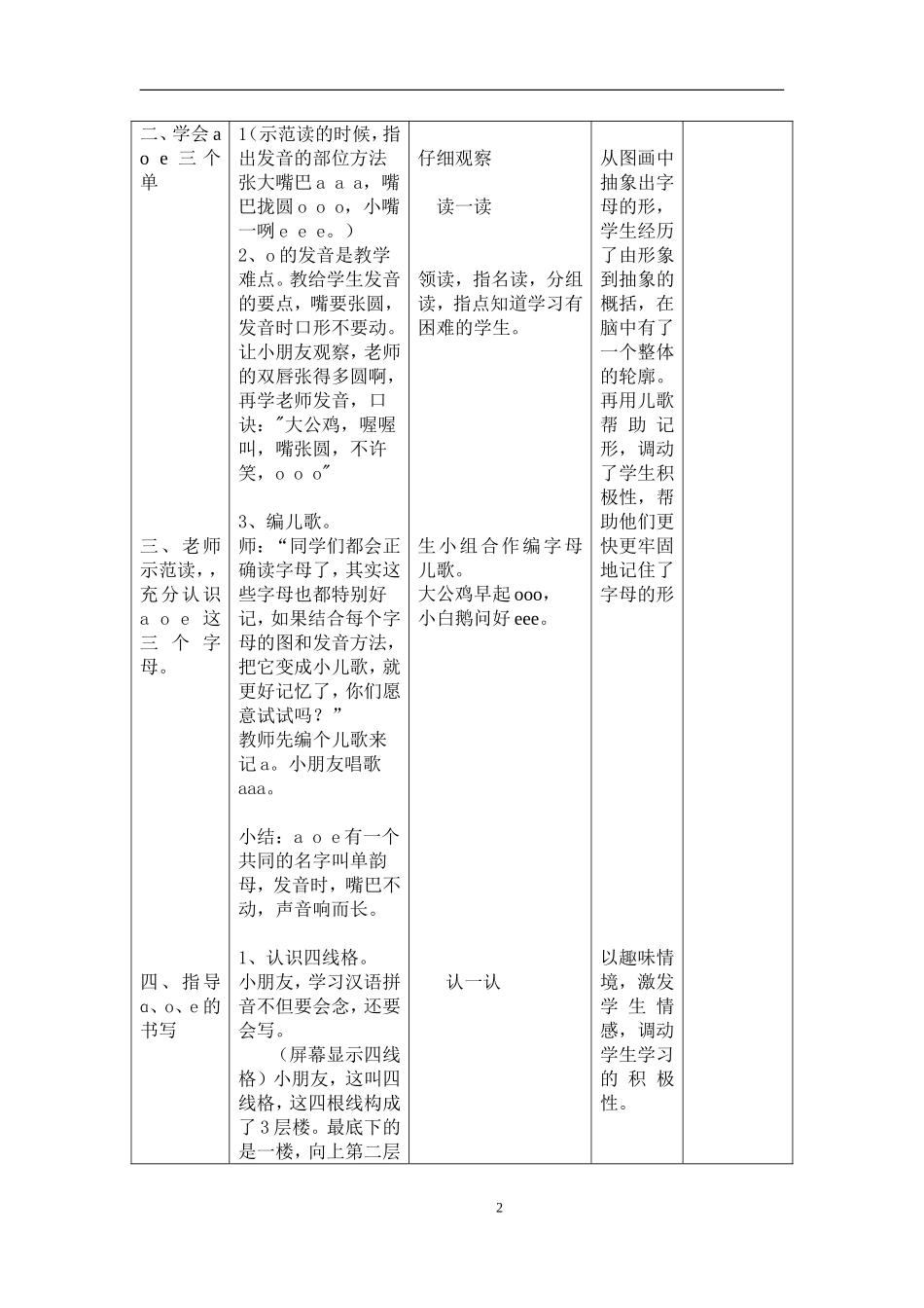 小学语文一年级上册第一单元1，ɑ、o、e教学设计-_第2页