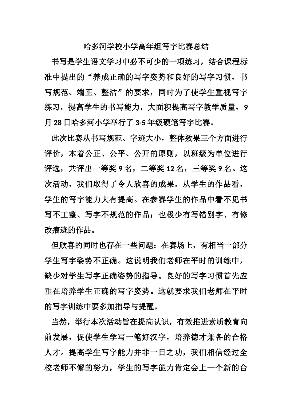 哈多河学校小学高年组写字比赛总结_第1页