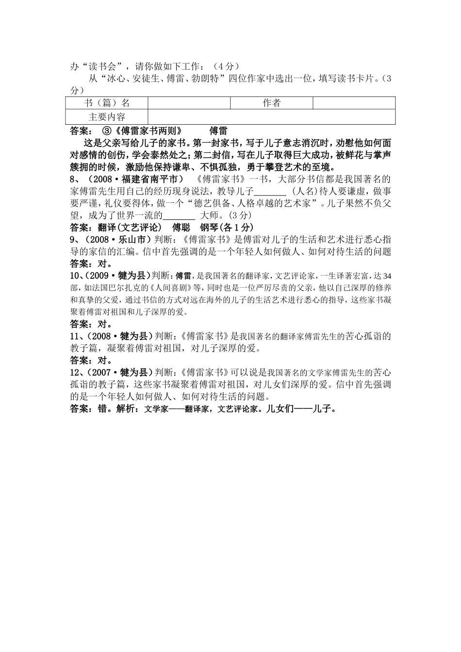 [中考语文]《傅雷家书》精心讲析及2004—2009年相关中考试题一网打尽_第3页