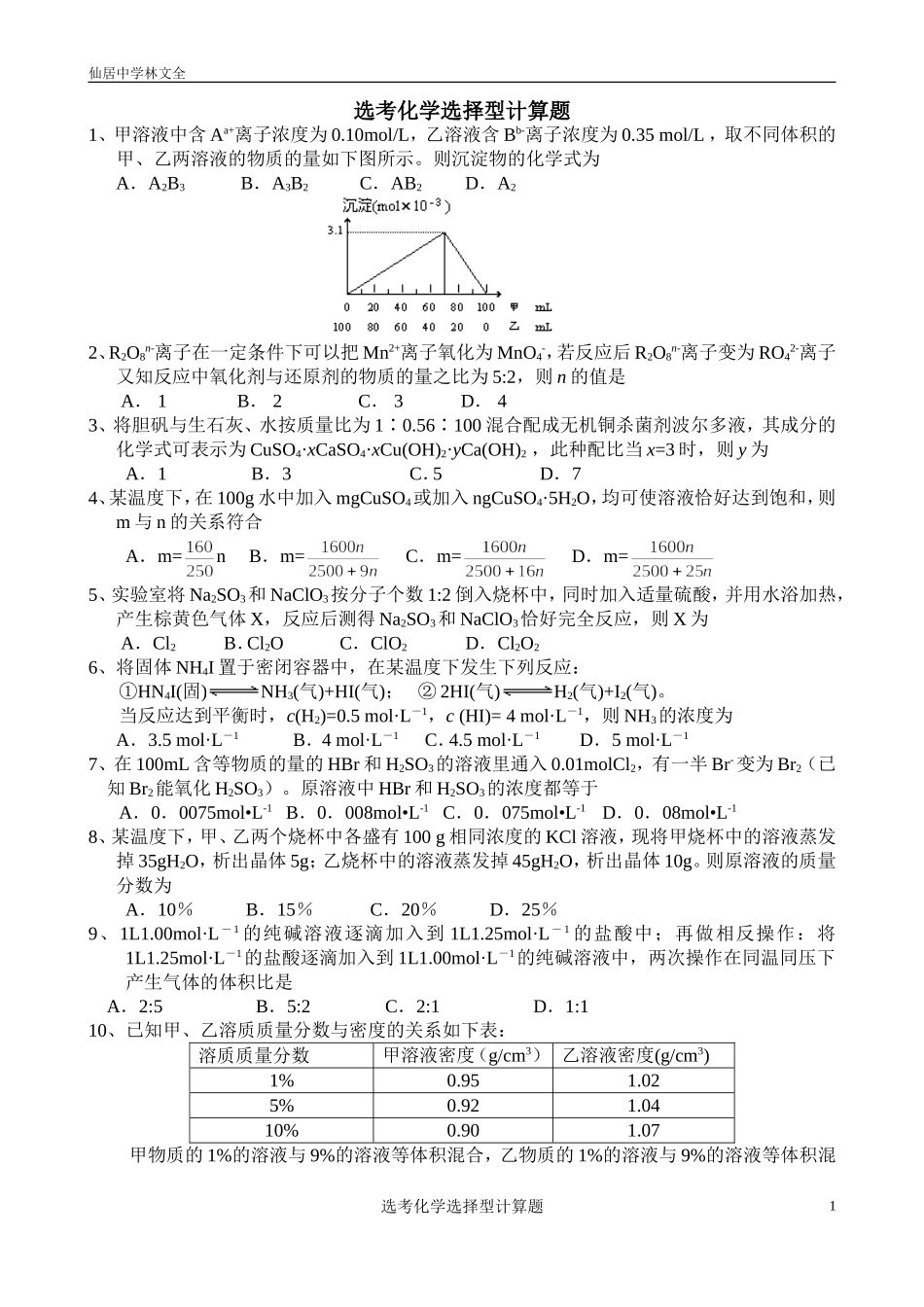 学考化学选择型计算题_第1页