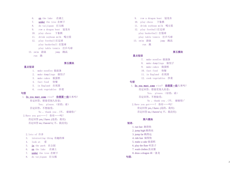 外研社版三起英语四年级上册复习提纲-短语+句型(1)_第2页