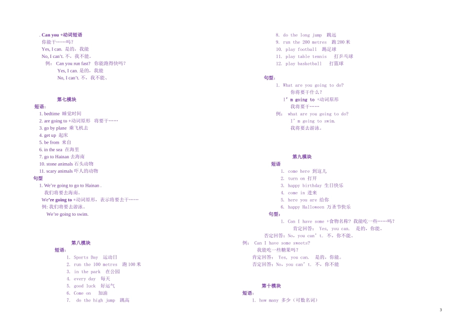 外研社版三起英语四年级上册复习提纲-短语+句型(1)_第3页