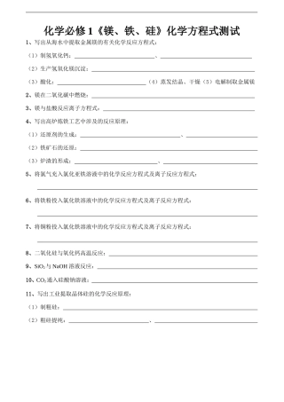 化学必修1《镁、铁、硅》化学方程式测试