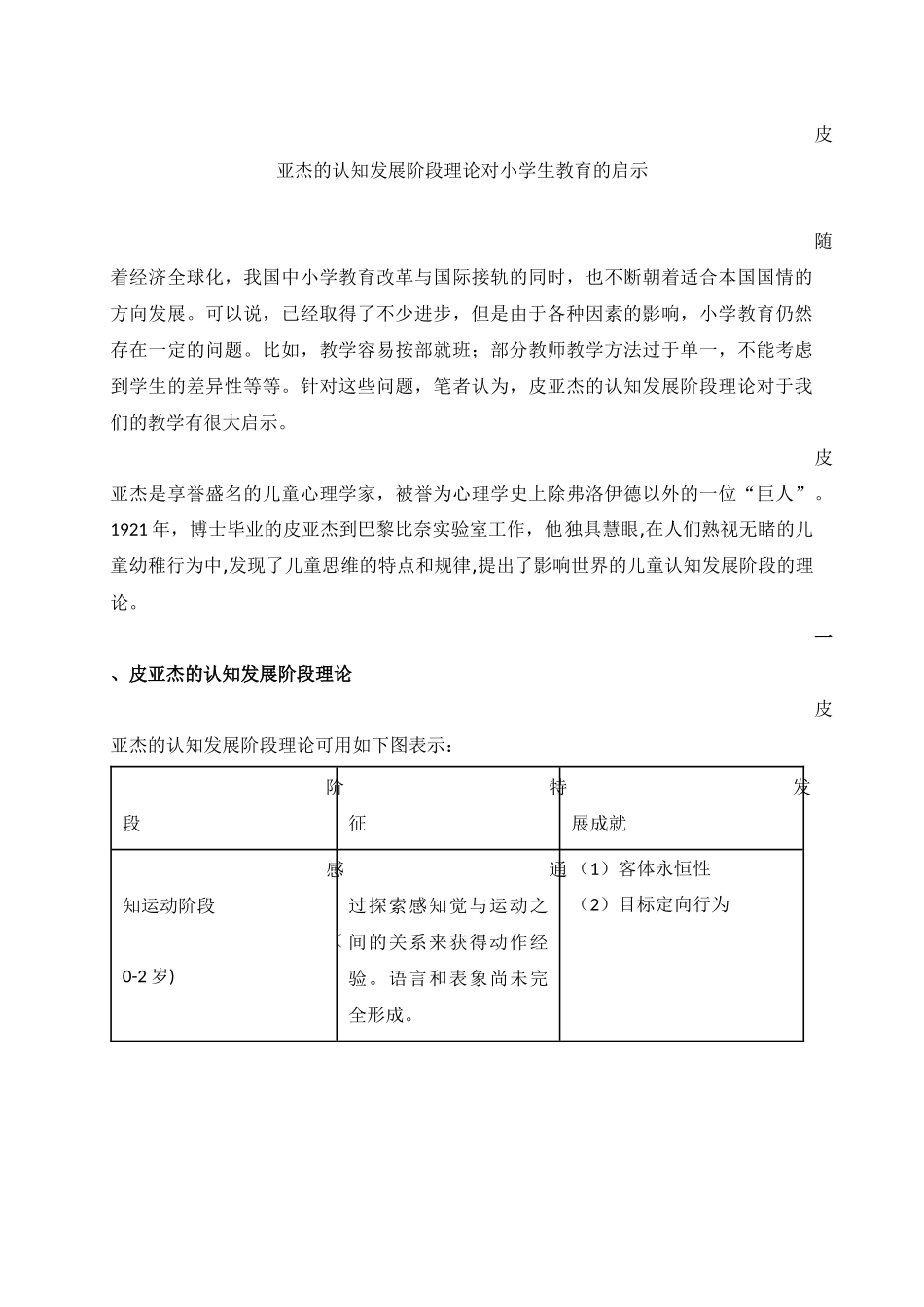 皮亚杰的认知发展阶段理论对小学生教育的启示_第1页