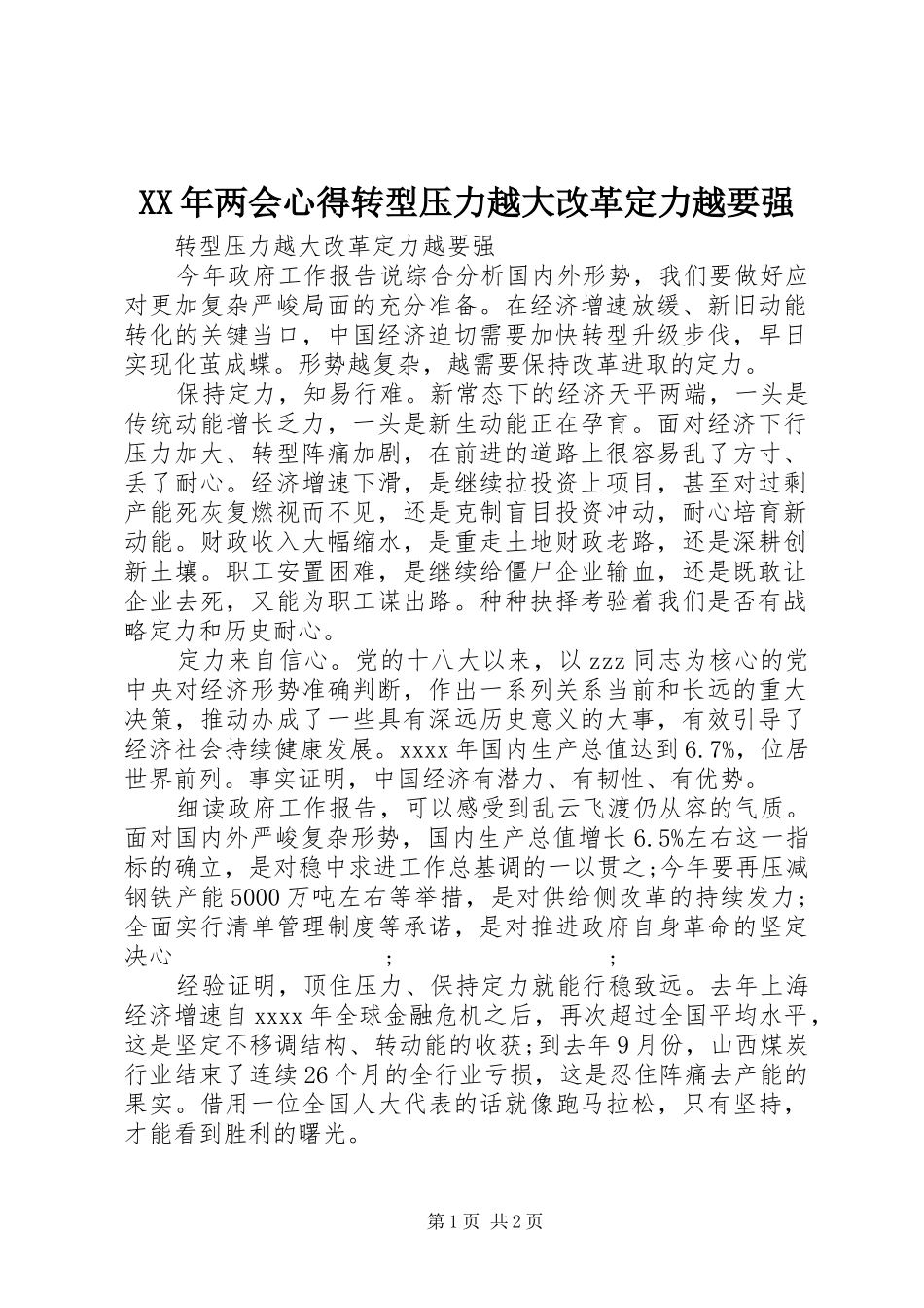 XX年两会心得转型压力越大改革定力越要强_第1页