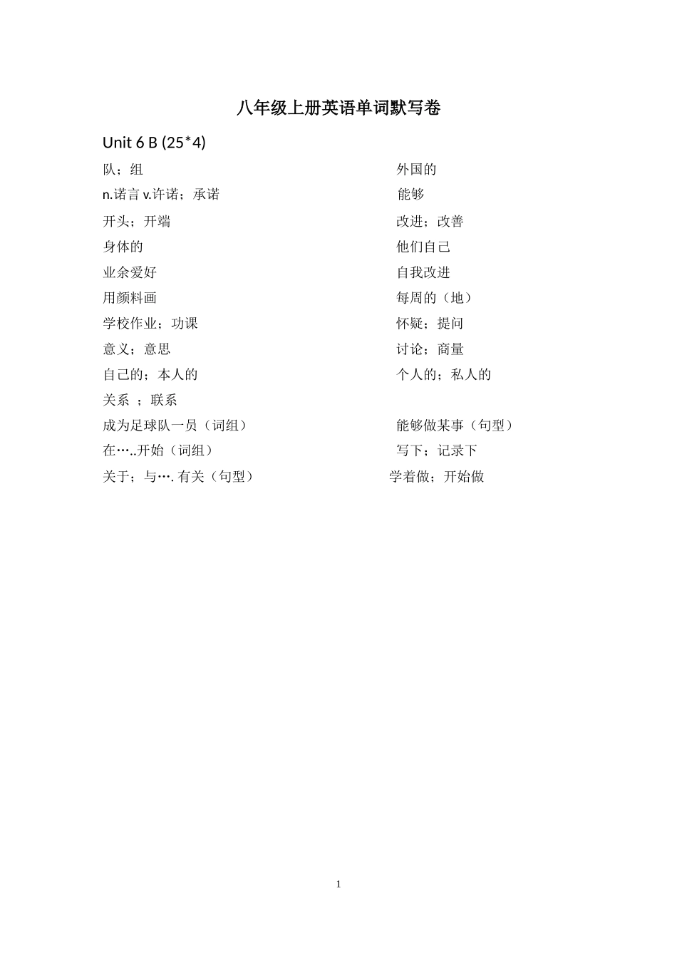 八年级上Unit6默写试卷2_第1页