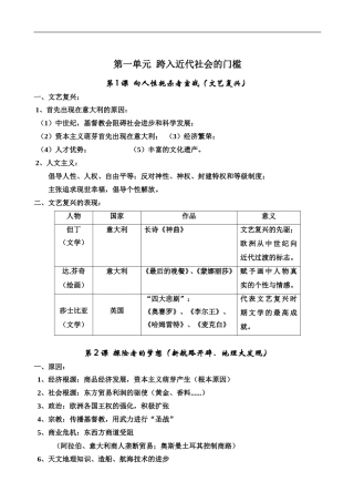 北师大版九年级历史上册每课知识点总结复习（教师用）