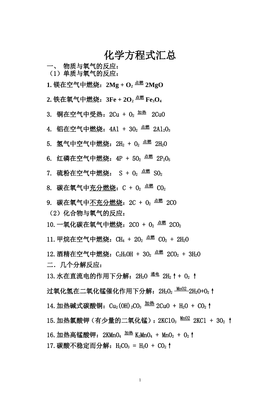 初中常见化学方程式整理_第1页