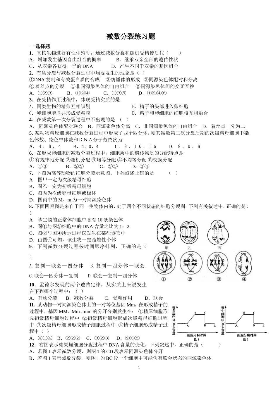 减数分裂练习题_第1页