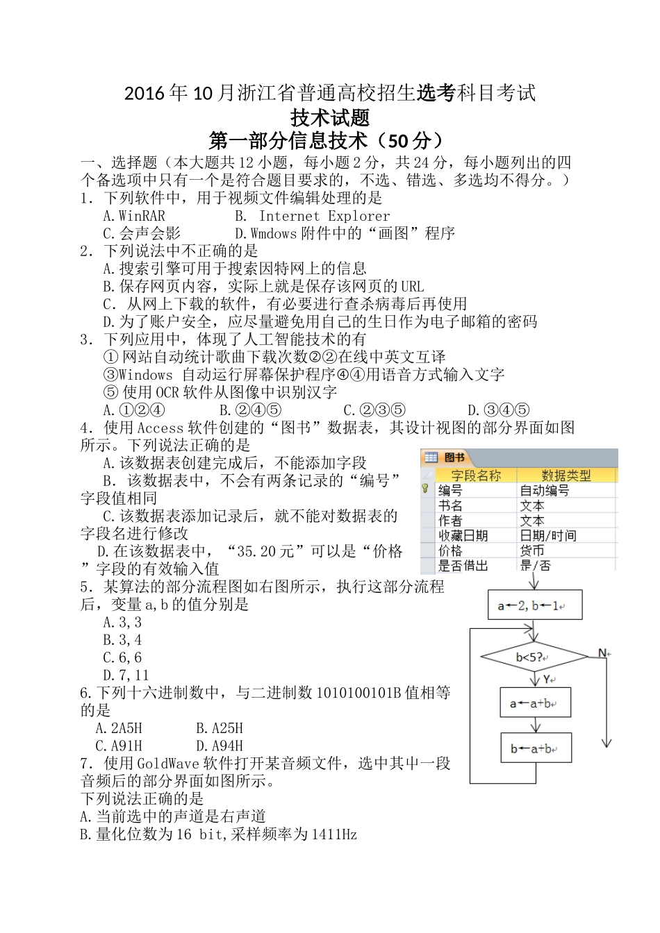 2016年10月浙江省技术选考（信息技术）_第1页