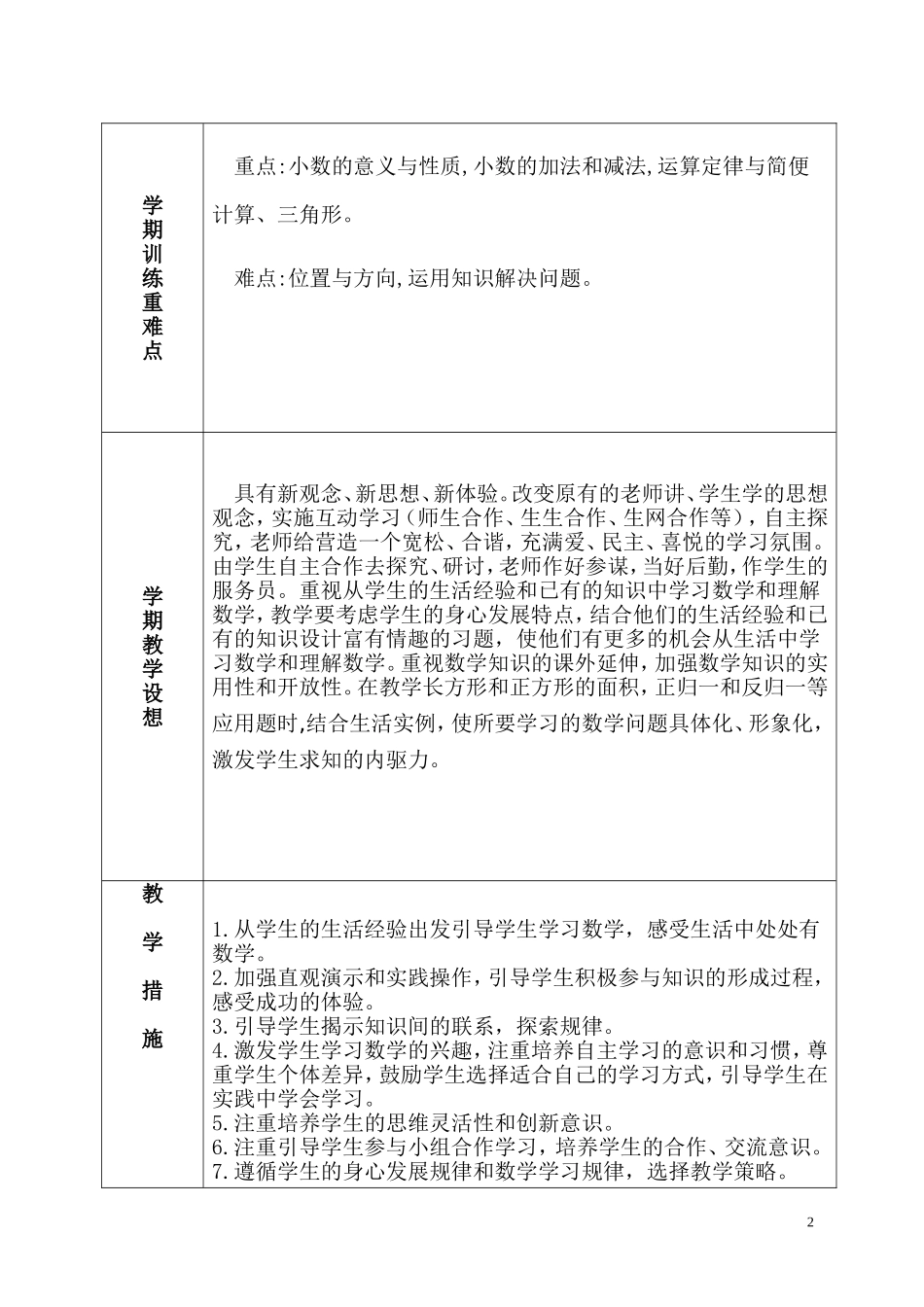 教学计划表（四年级数学）_第2页