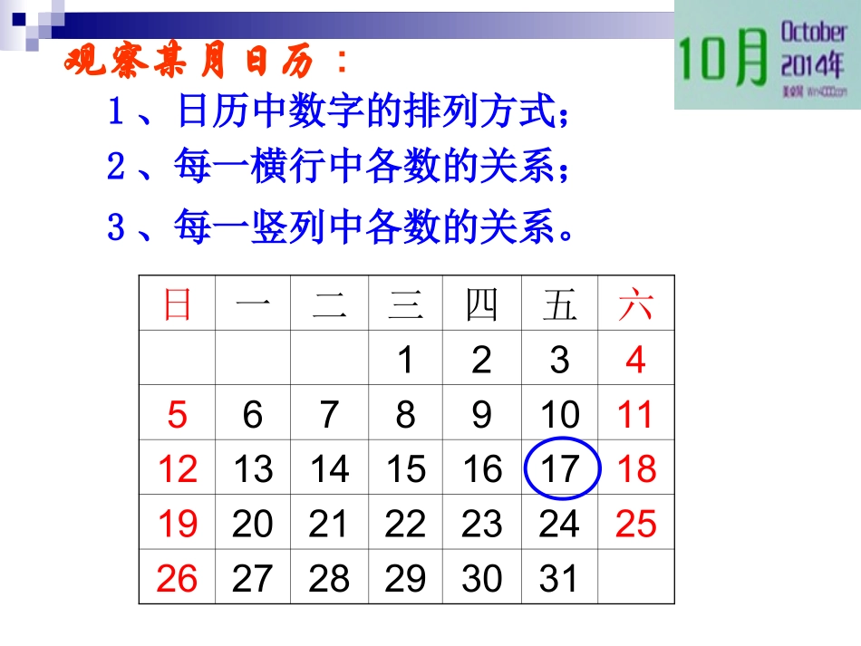 城关一中薛玉梅《探索日历中的规律》课件_第3页