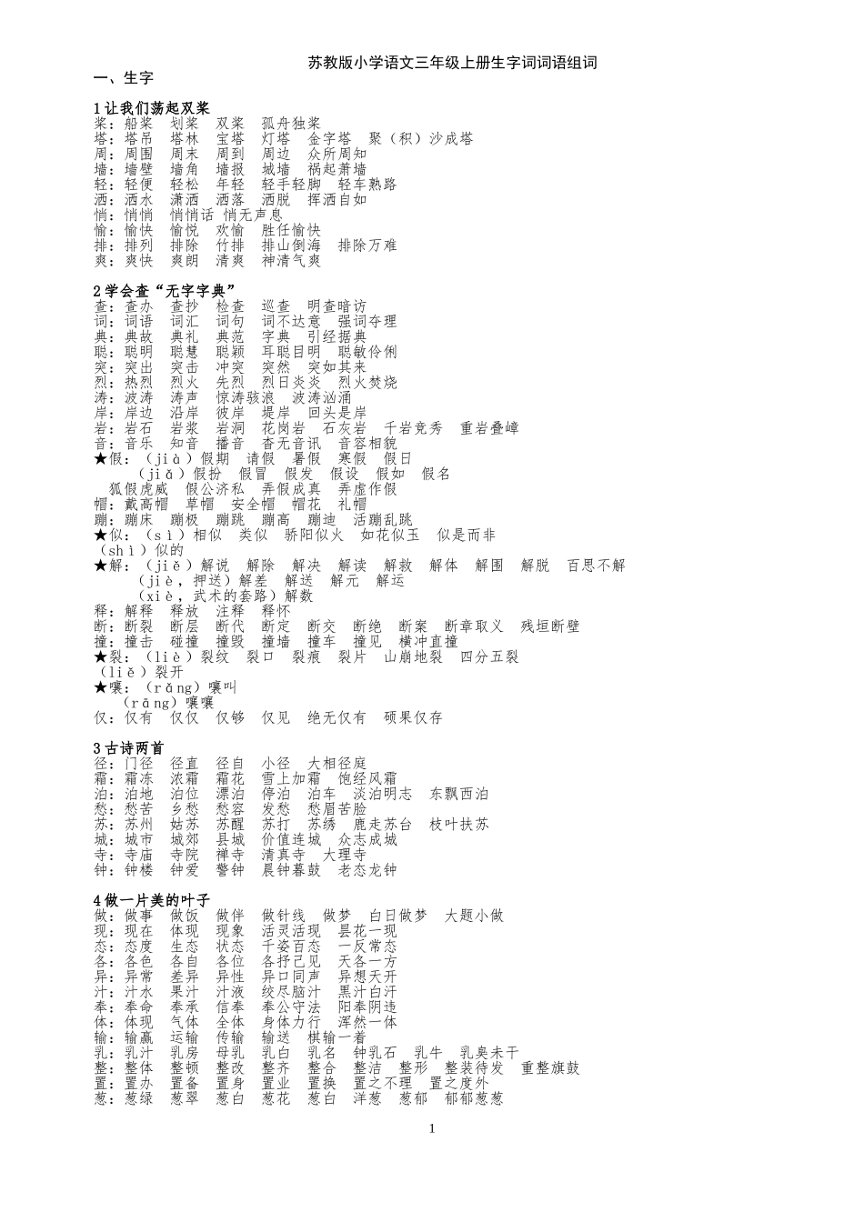 苏教版小学语文三年级上册生字词词语成语课文背诵_第1页