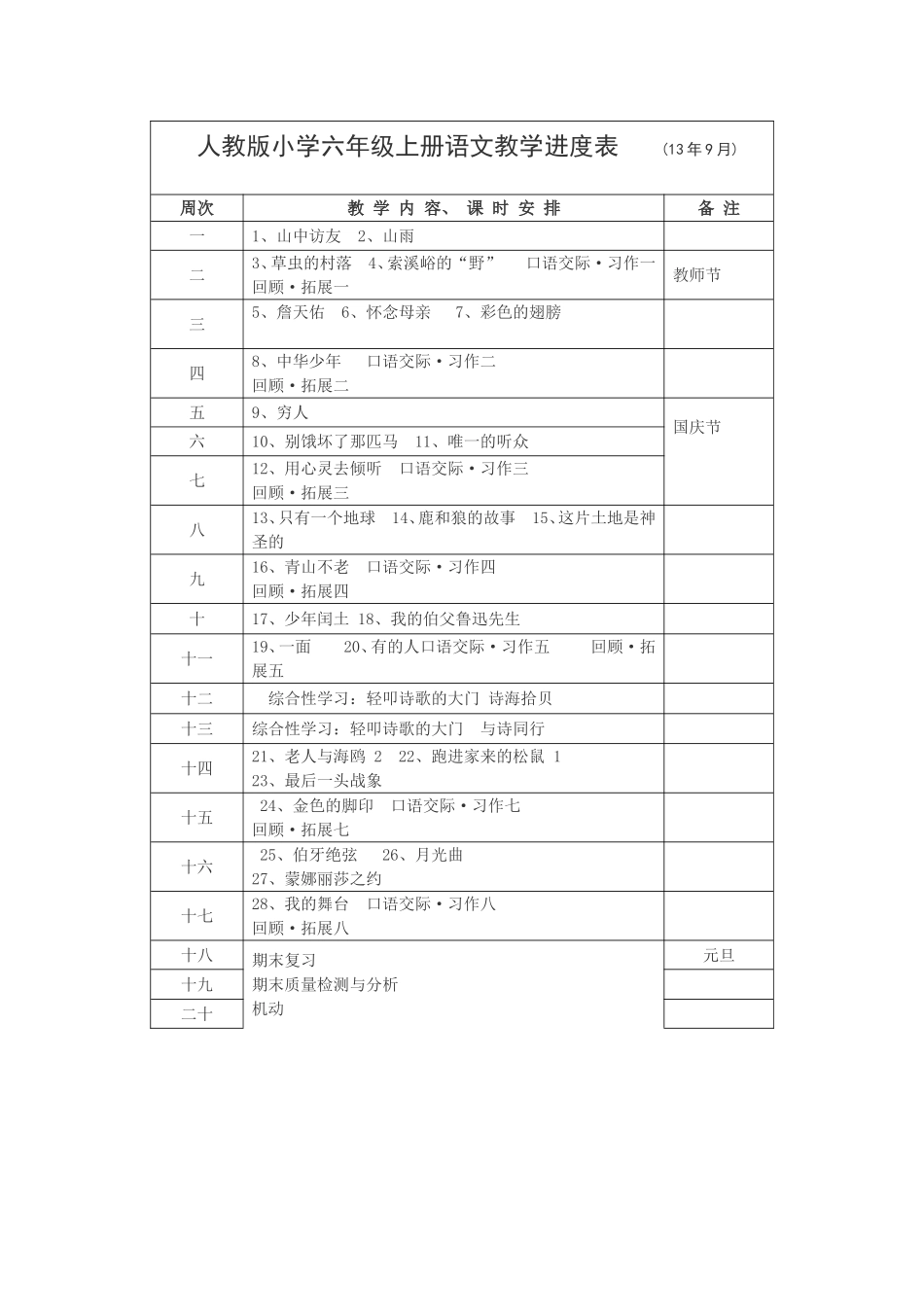 人教版小学六年级上册语文教学进度表_第1页