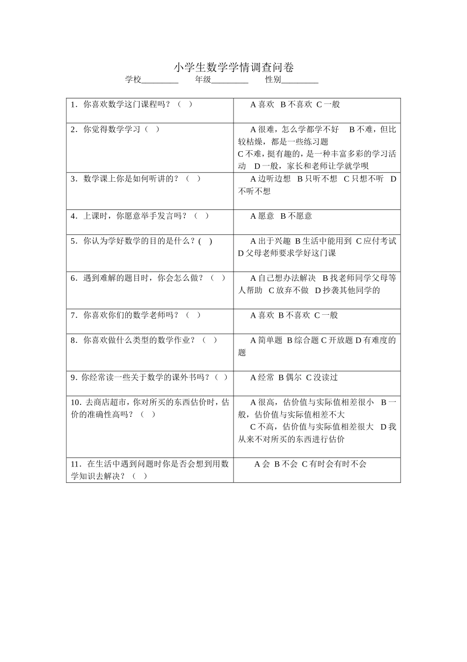 小学生数学学情调查问卷 (2)_第1页