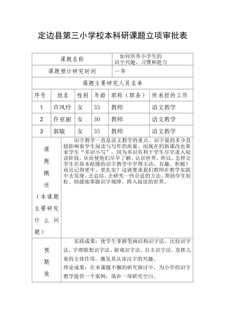 定边县第三小学校本科研课题立项审批表（许凤玲）