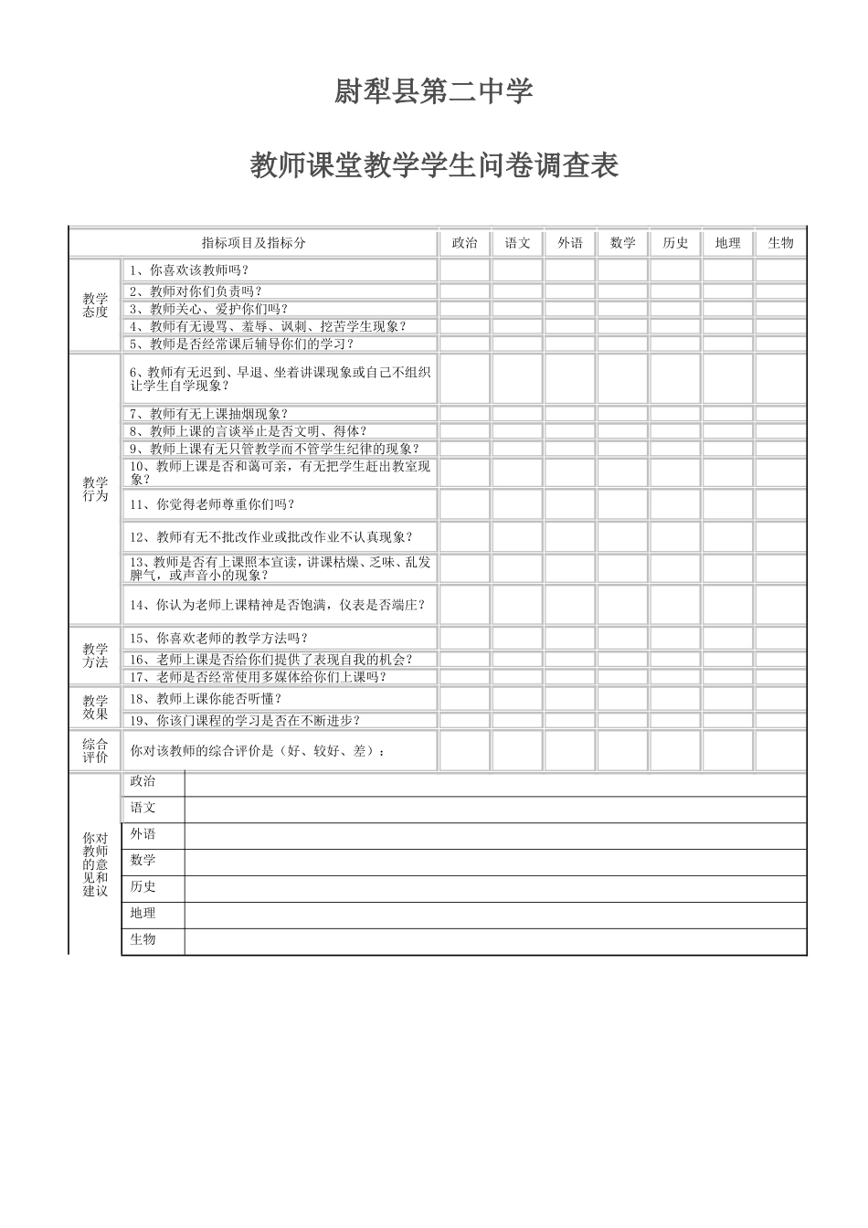 教师课堂教学学生问卷调查表(1)_第1页